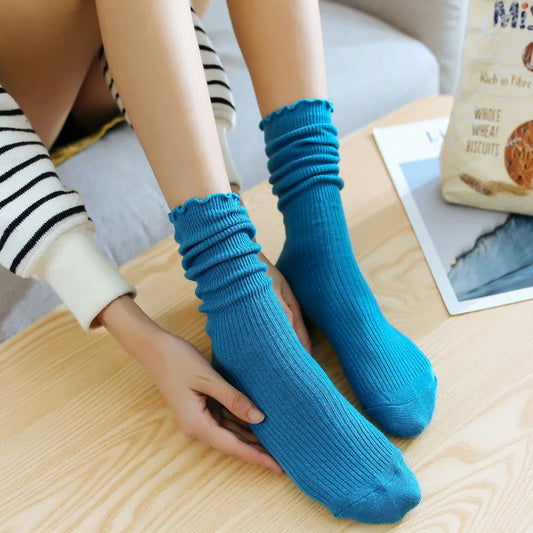 1/3/5 Pairs Women‘s Lace Trim Ruffle Socks Cotton Stacked Socks Mid Calf Solid Color Kawaii Vintage Princess Socks Spring Autumn