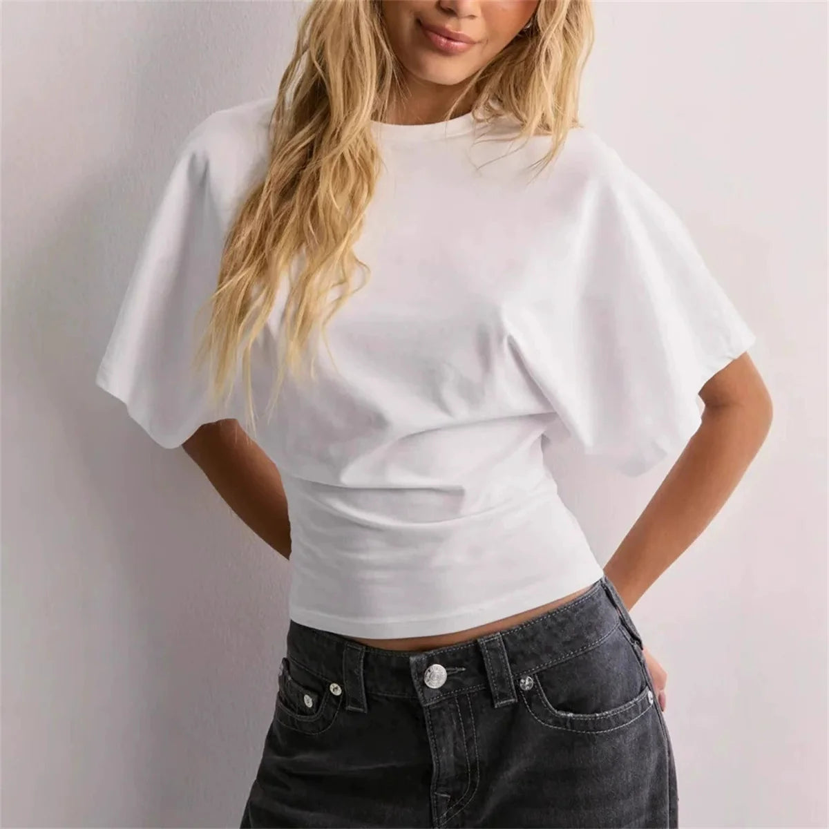 Women's Summer Loose Half Sleeve T-Shirt Tops O-Neck Waist Slimming Sweet Hottie Design Sense Positive Shoulder Chic Tees Top