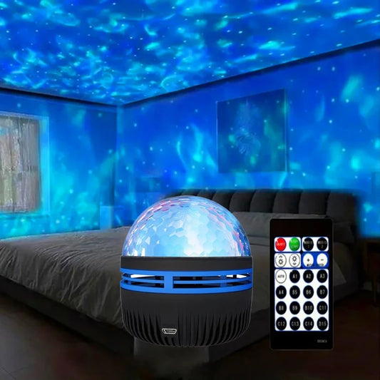 LED Starry Galaxy Ocean Wave Projector RGB Smart Remote Control Lamp KTV USB Christmas Lights Auto Rotate for Home Bedroom Decor